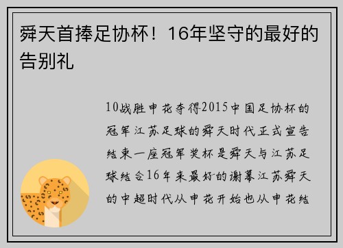 舜天首捧足协杯！16年坚守的最好的告别礼